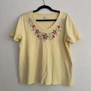 Classic Elements Yellow Floral Embroidered V-Neck Sequin Cotton T-Shirt L